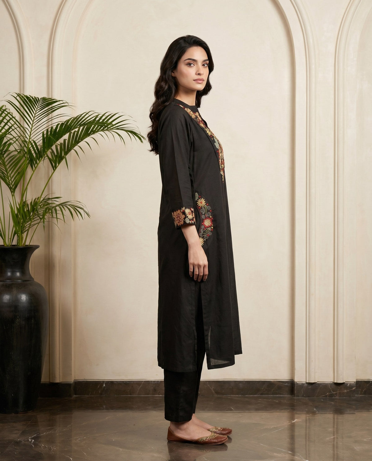 Embroidered Yoke Straight Kurta with Pants and Dupatta Set