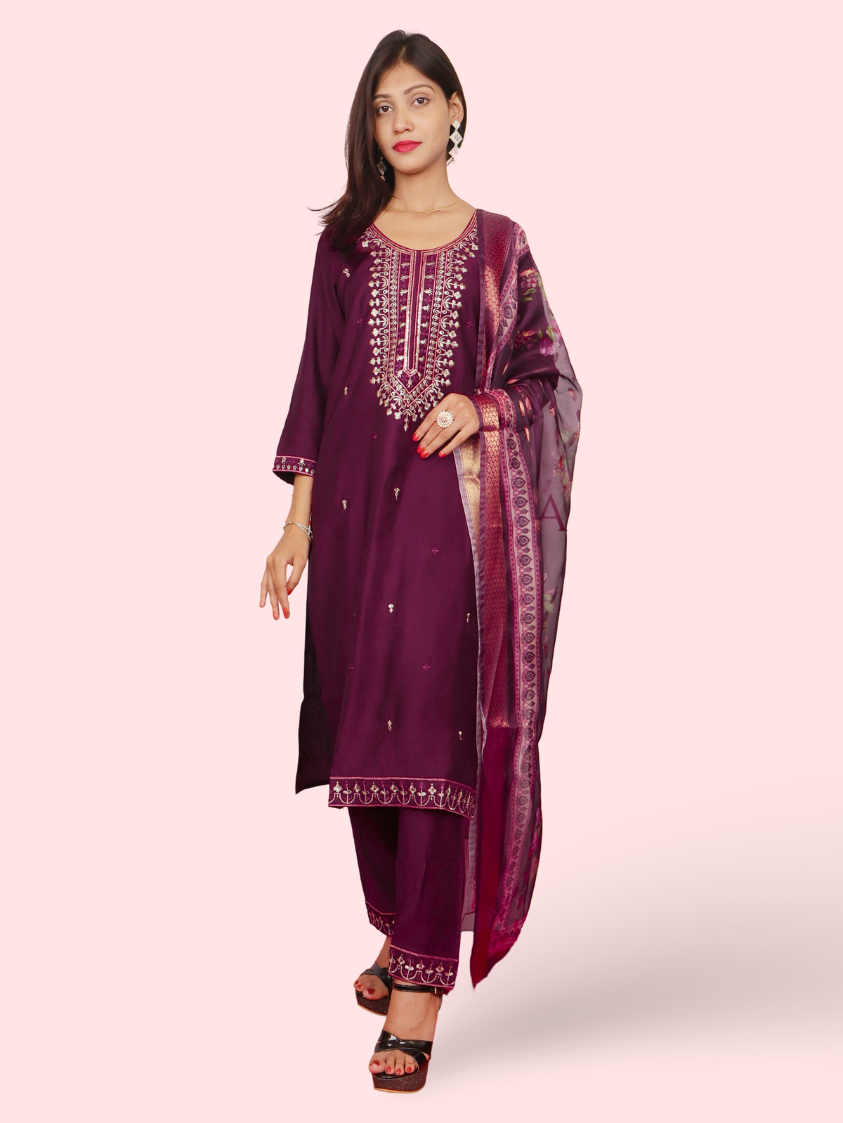Rayon-Cotton Embroidered Straight Kurti with Pant and Dupatta-0