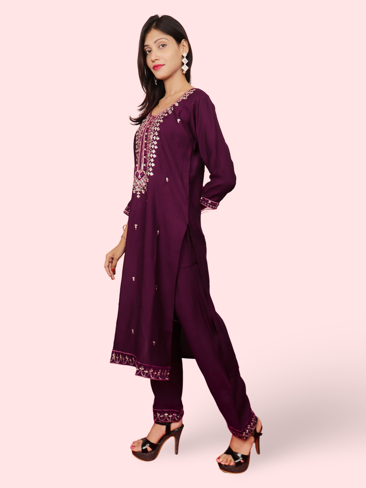 Rayon-Cotton Embroidered Straight Kurti with Pant and Dupatta-1