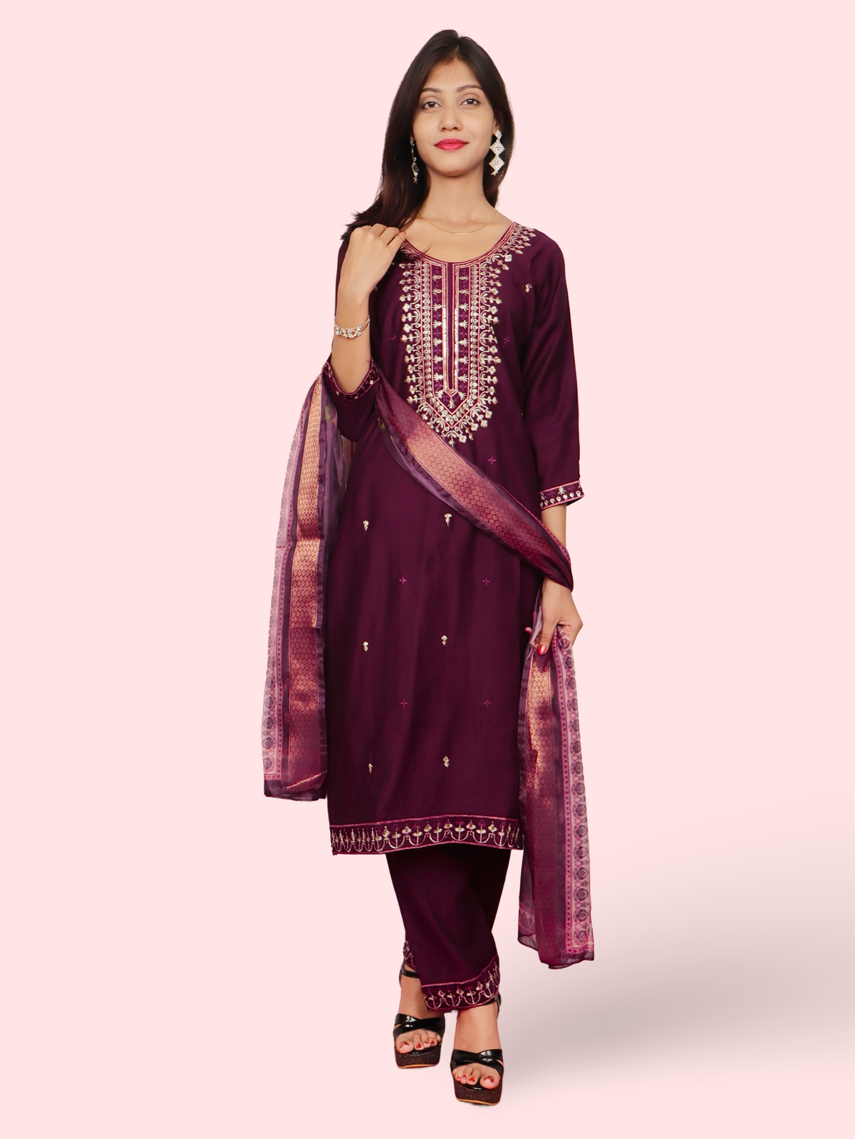 Rayon-Cotton Embroidered Straight Kurti with Pant and Dupatta-4