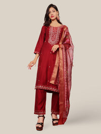 Rayon-Cotton Embroidered Straight Kurti with Pant and Dupatta-5
