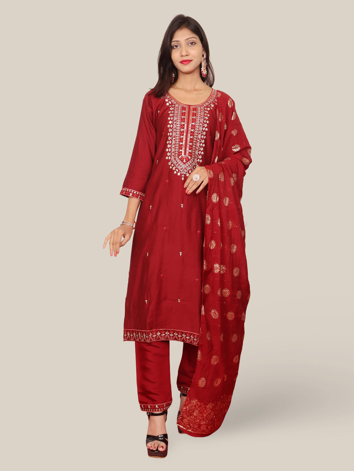 Rayon-Cotton Embroidered Straight Kurti Set with Pant and Dupatta-5