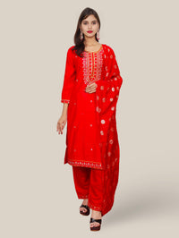 Rayon-Cotton Embroidered Straight Kurti Set with Pant and Dupatta-0