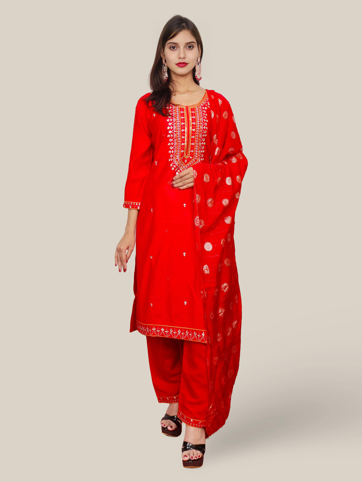 Rayon-Cotton Embroidered Straight Kurti Set with Pant and Dupatta-0
