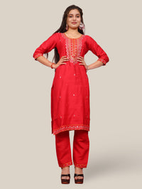 Rayon-Cotton Embroidered Straight Kurti Set with Pant and Dupatta-4