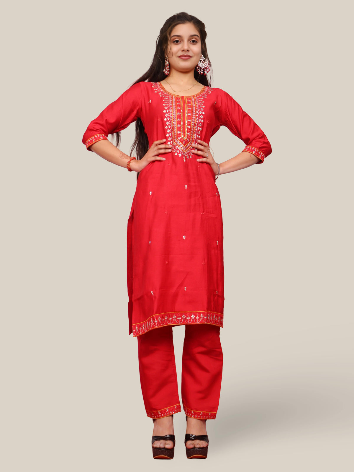 Rayon-Cotton Embroidered Straight Kurti Set with Pant and Dupatta-4