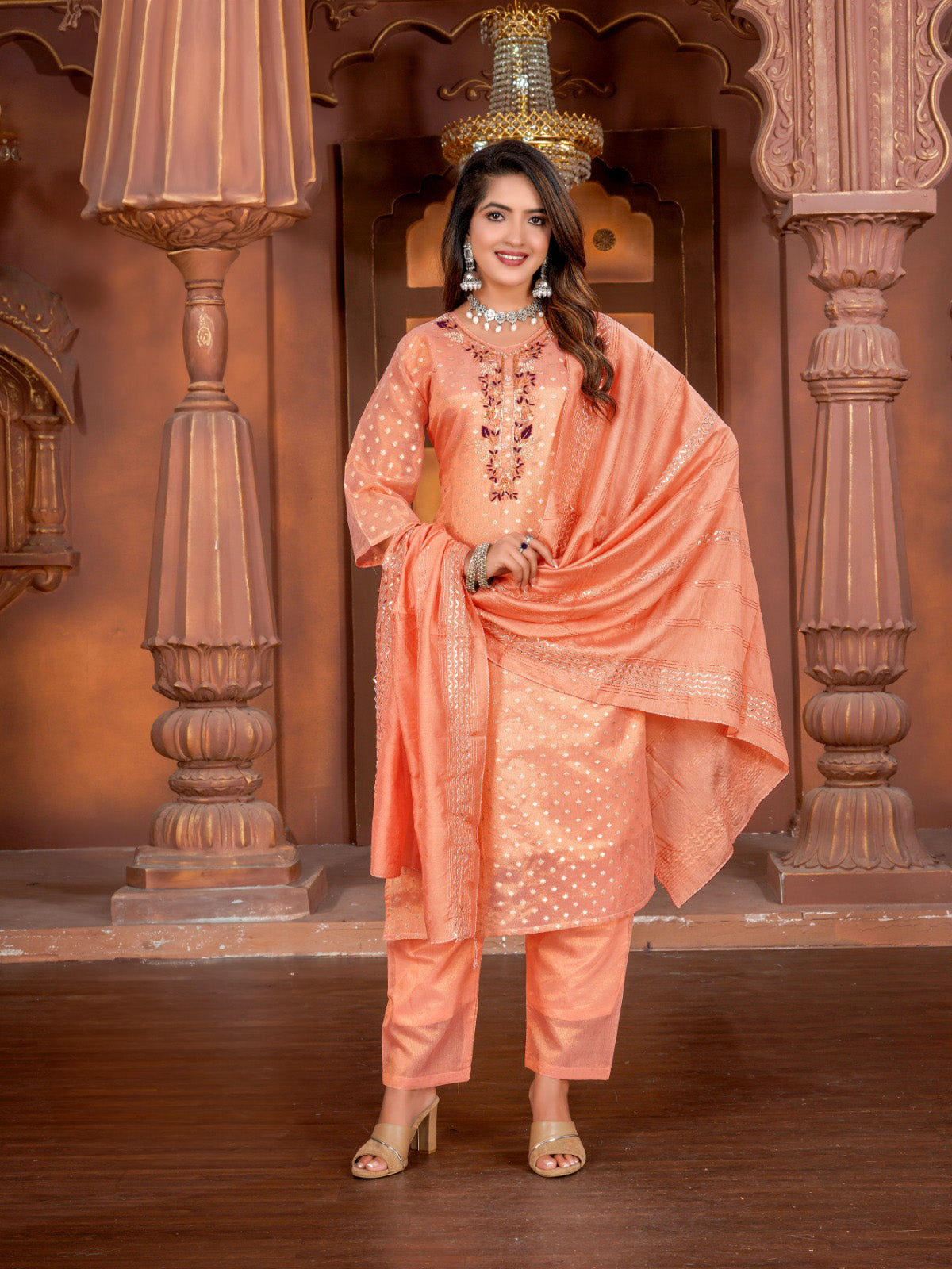 Silk Embroidered Straight Kurti with Pant and Dupatta-0