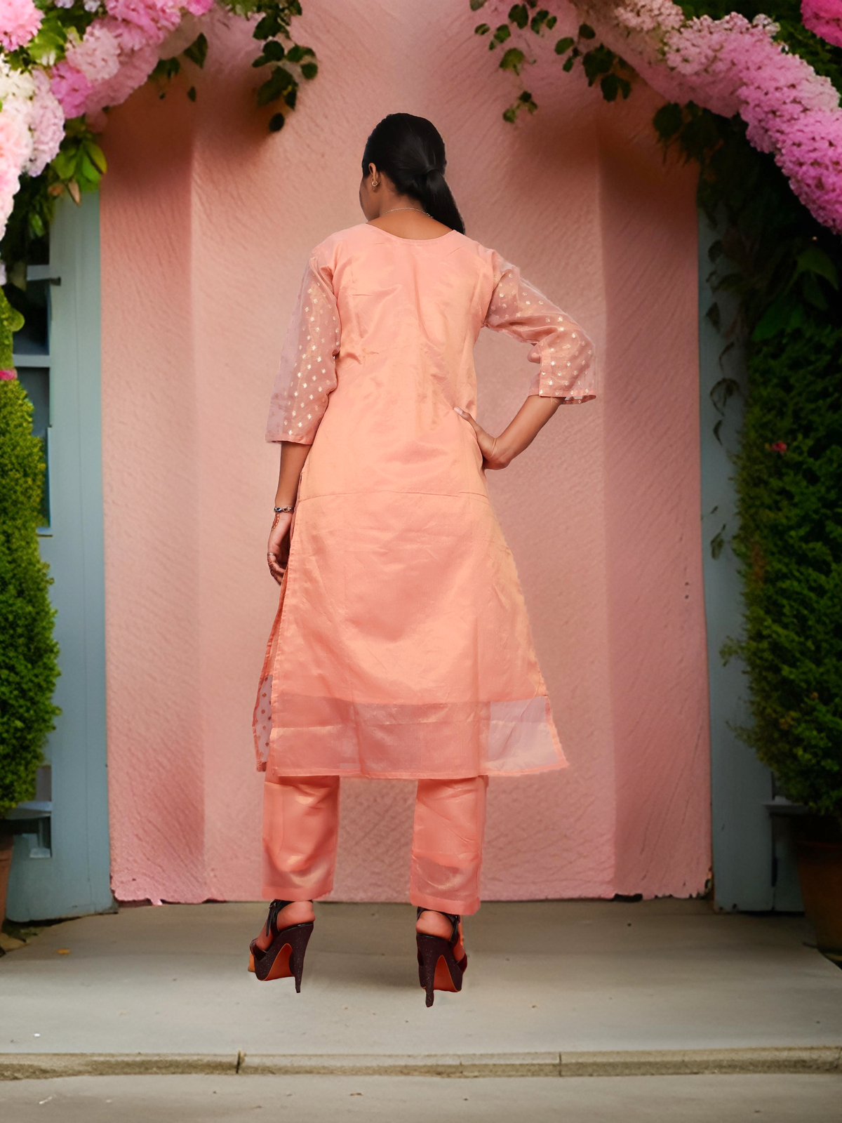 Silk Embroidered Straight Kurti with Pant and Dupatta-2