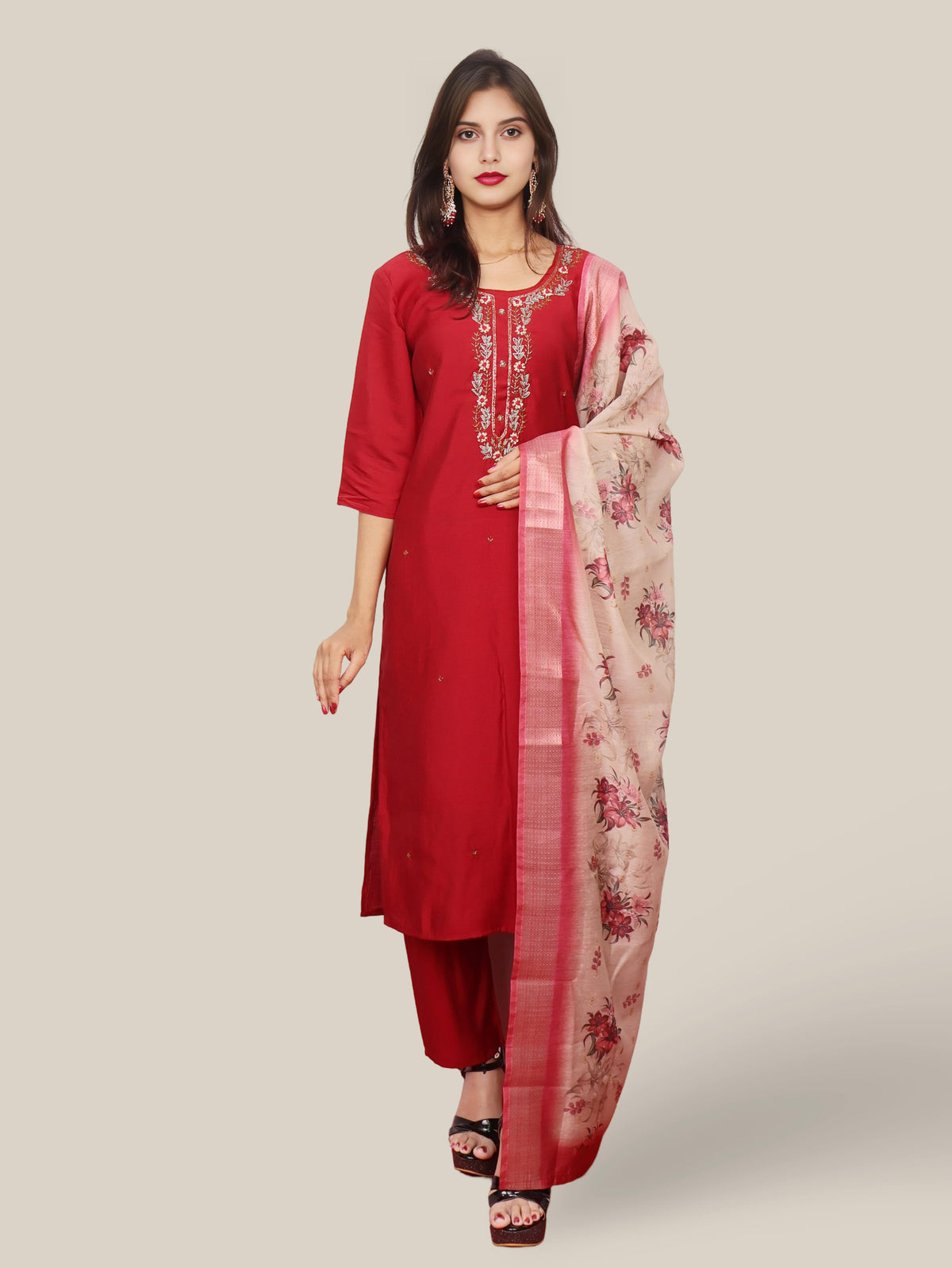 Embroidered Straight Kurta Set with Pant and Dupatta-5