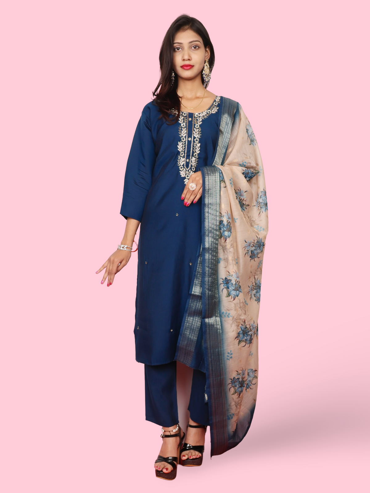 Embroidered Straight Kurta Set with Pant and Dupatta-0