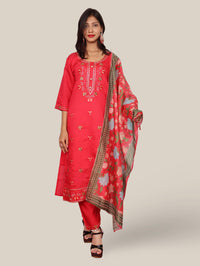 Rayon-Cotton Embroidered Straight Kurti with Pant and Dupatta-5