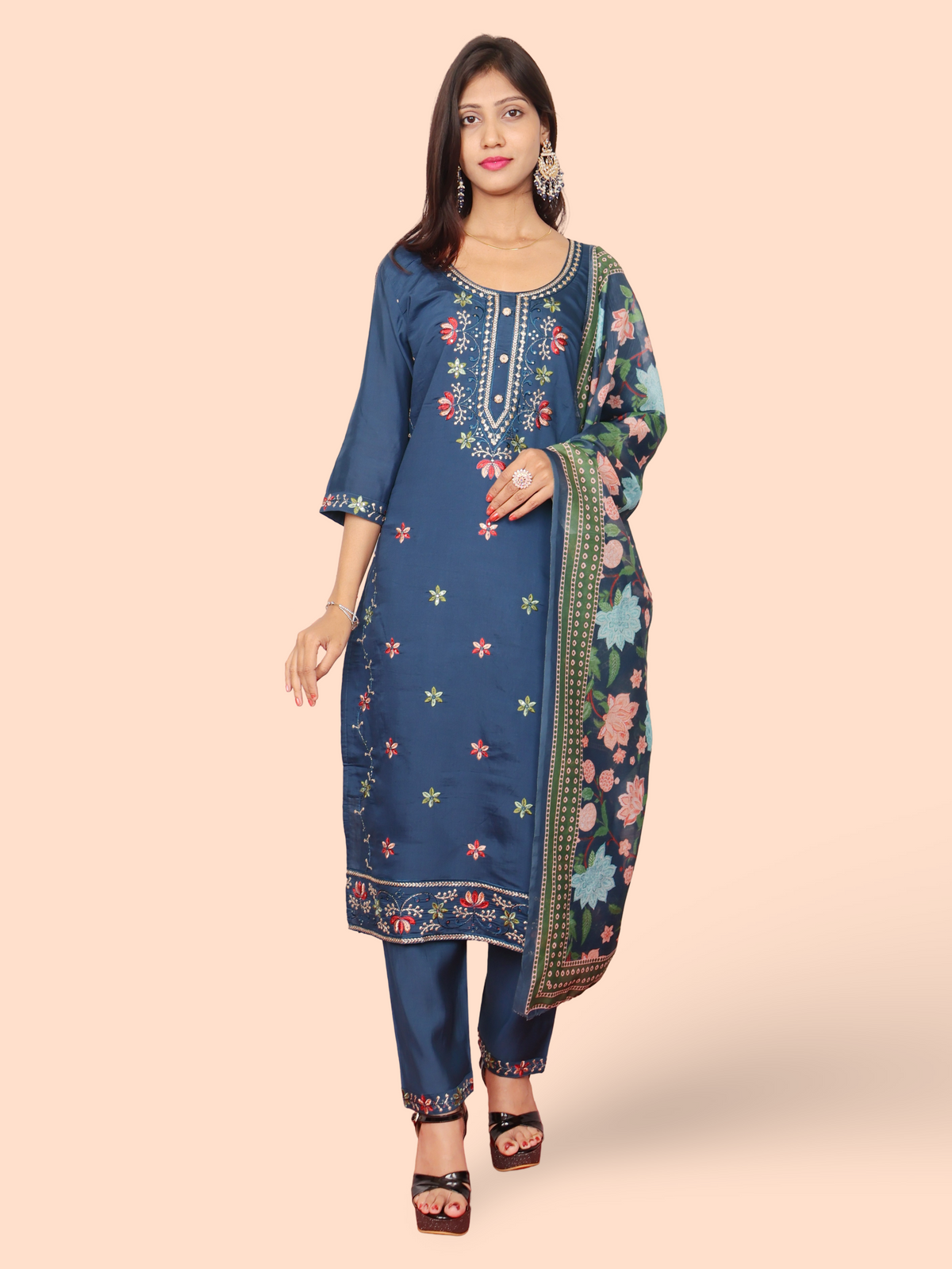 Rayon-Cotton Embroidered Straight Kurti with Pant and Dupatta-6