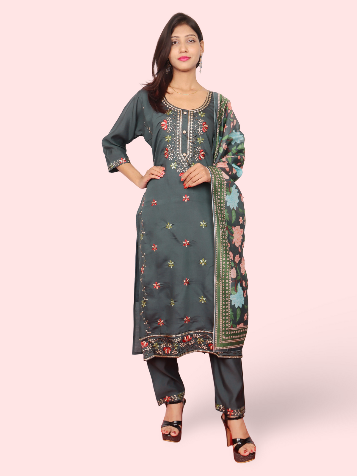 Rayon-Cotton Embroidered Straight Kurti with Pant and Dupatta-7