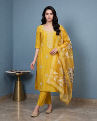 Embroidered Straight Kurta with Pants and Floral Printed Dupatta-0