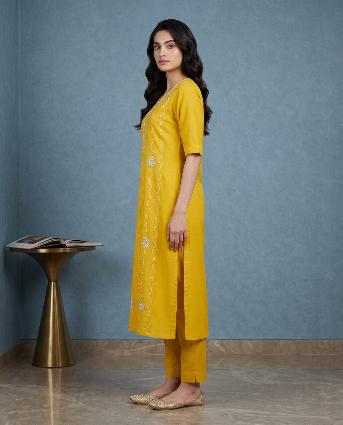 Embroidered Straight Kurta with Pants and Floral Printed Dupatta-2