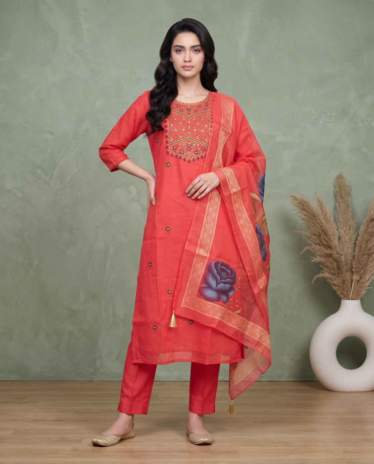 Embroidered Straight Kurta with Pants and Printed Dupatta-0