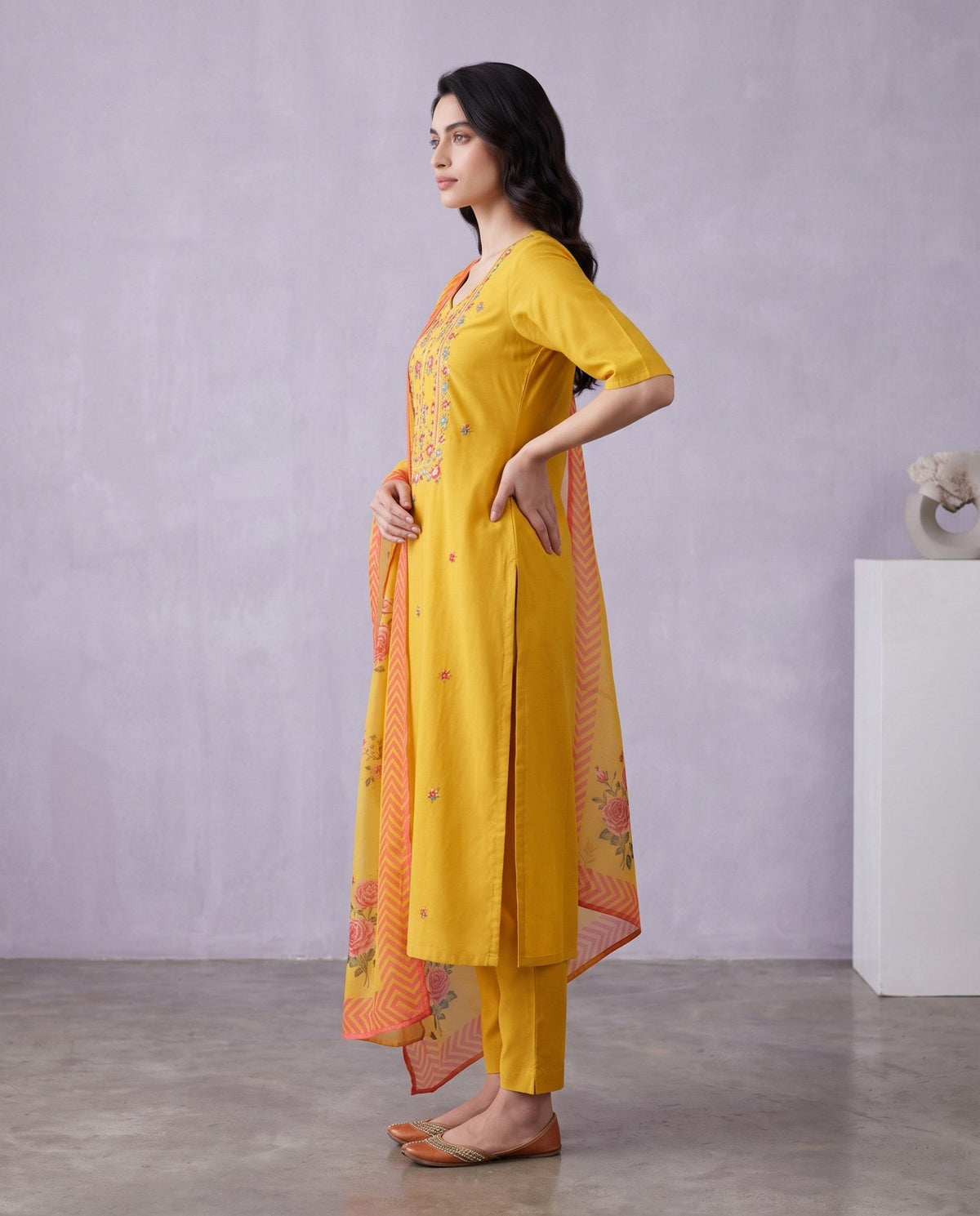 Hand-Embroidered Straight Kurta with Pants and Floral Printed Dupatta-2