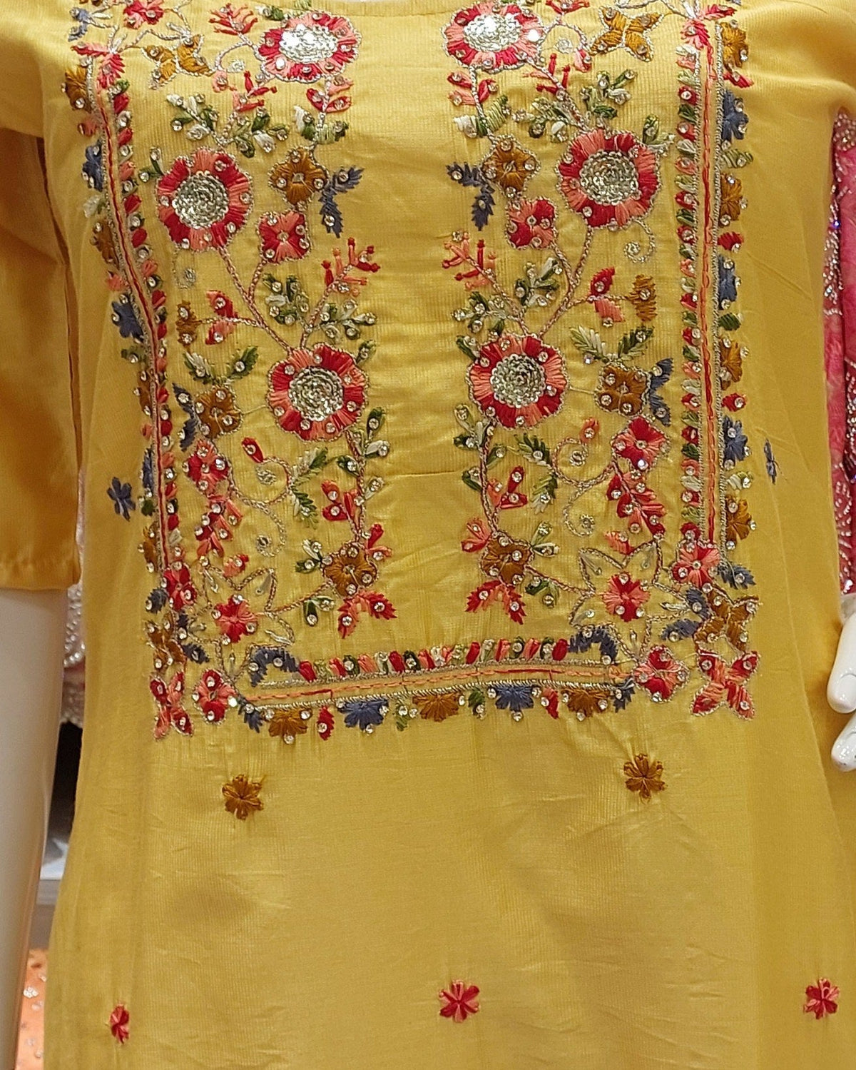 Hand-Embroidered Straight Kurta with Pants and Floral Printed Dupatta-3
