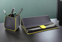 K0032DB | Desk Pen Holder made of genuine leather, full grain, dollar grain. Blue color with Yellow edges. Size: 8.5 x 8.5 x 12 cm. Packaging: gift box bottom/cover