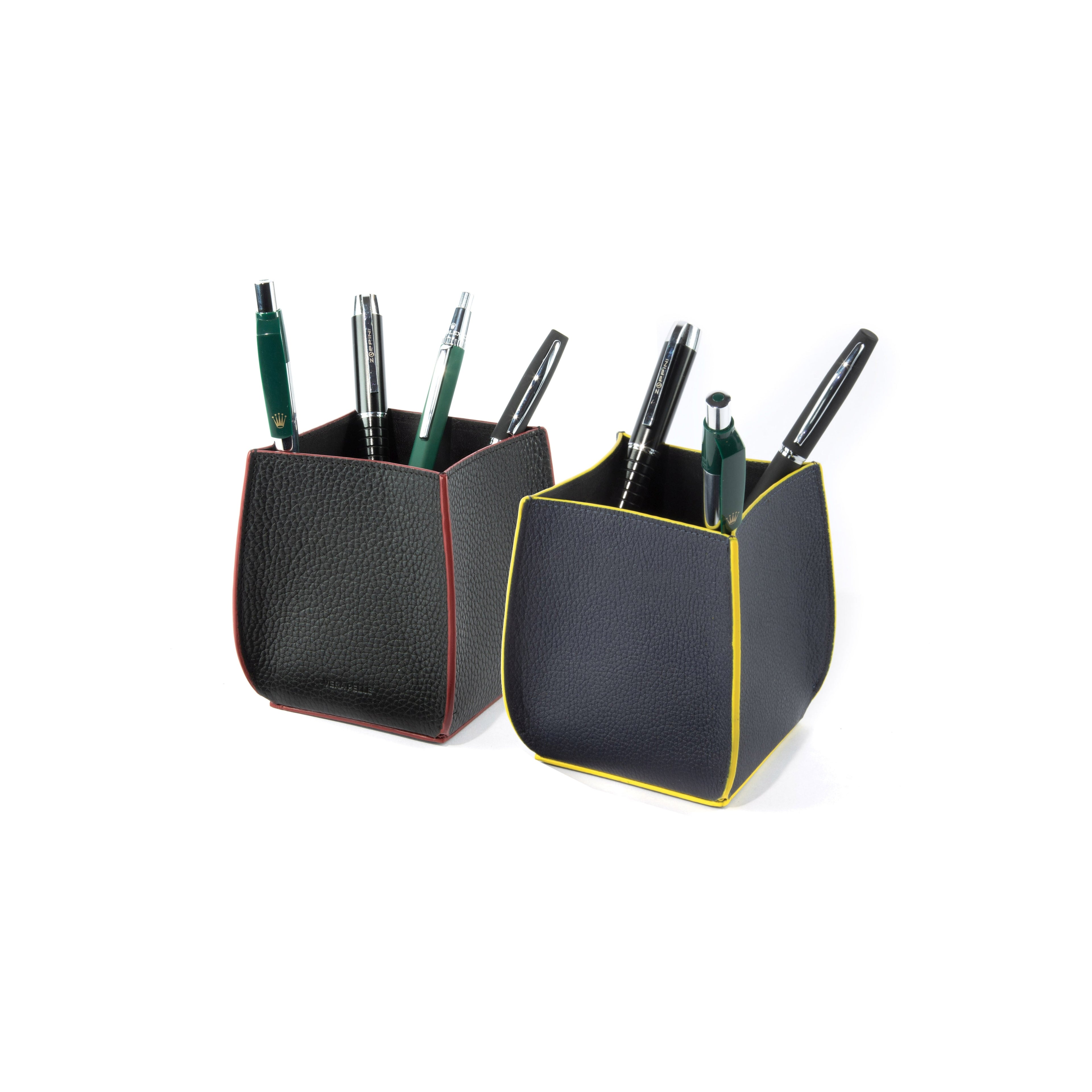 K0032DB | Desk Pen Holder made of genuine leather, full grain, dollar grain. Blue color with Yellow edges. Size: 8.5 x 8.5 x 12 cm. Packaging: gift box bottom/cover