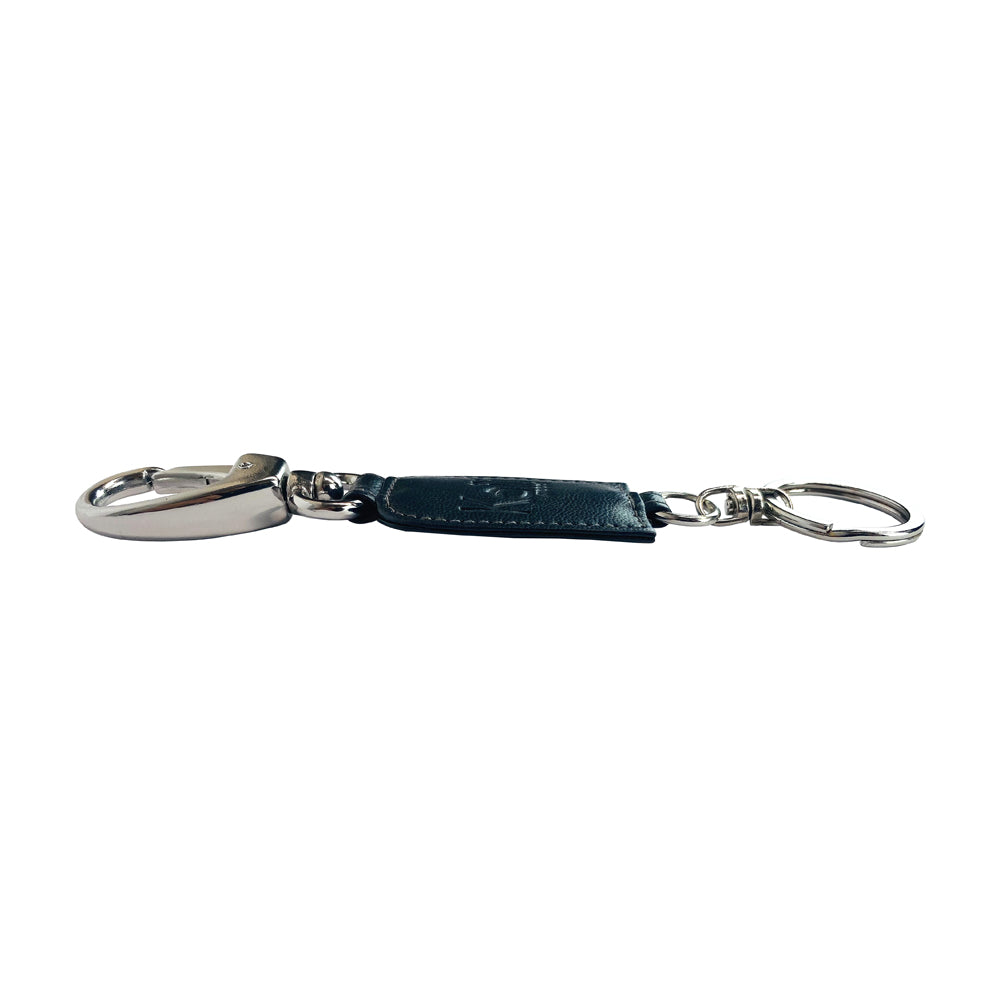 K10542FB | Smooth full-grain genuine leather keychain. Gray color. Polished nickel accessories. Total dimensions: 3 x 16 x 0.5 cm. Packaging: hard bottom/cover Gift Box