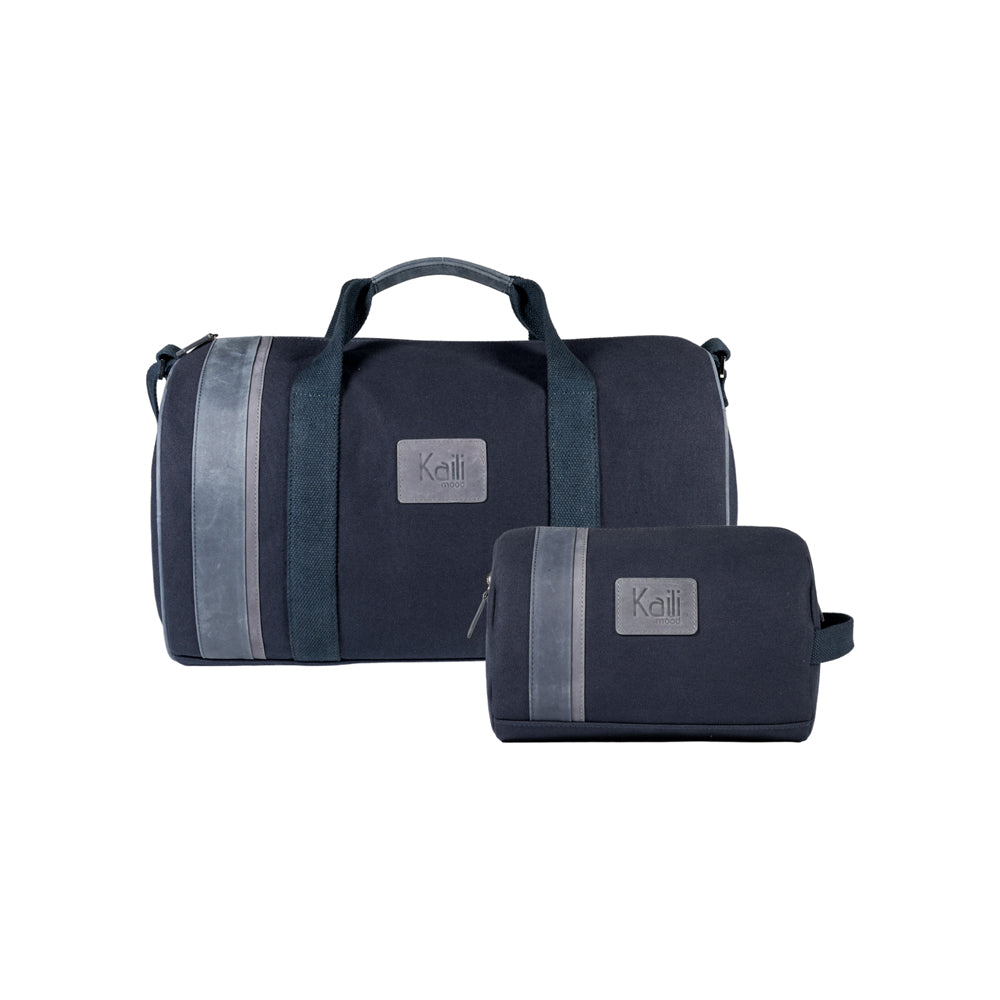 K2005DF | Beauty Case in Canvas 100% Cotton/Full Grain Leather, Naked. Blue color. Side handle. Zipper closure. Dimensions: 25 x 15 x 17 cm. Packaging: Tnt bag