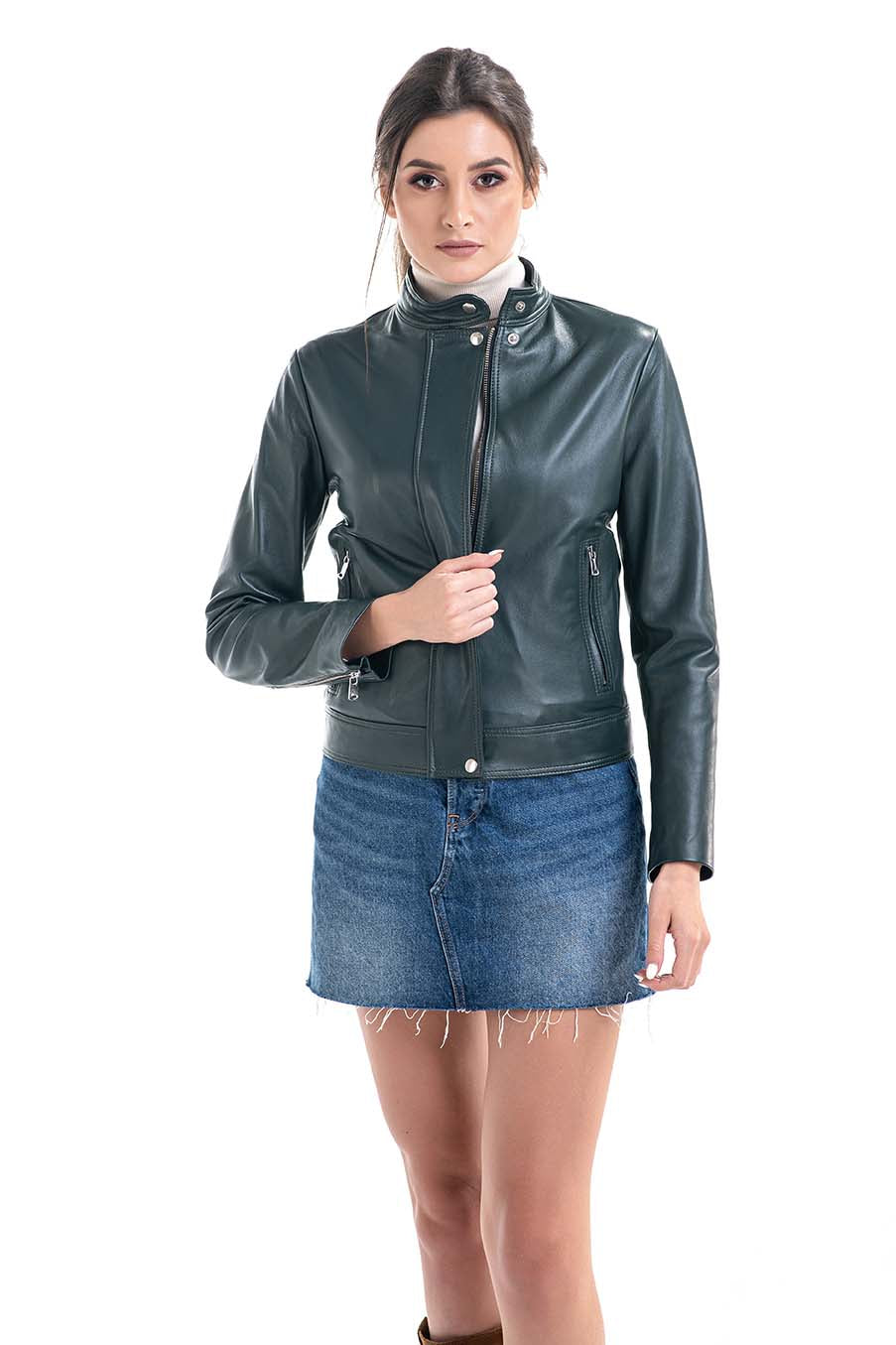 Olive genuine sheepskin shearling jacket by AA Vesa — view 3