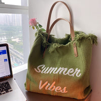 Large capacity canvas tote bag with embroidered letters, handbag for women, woven beach bag, shoulder bag