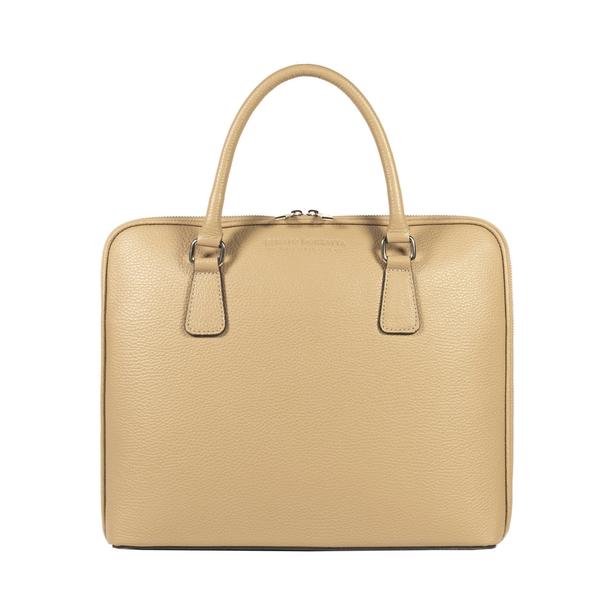 RB1019AQ | Made in Italy Genuine Leather Unisex Business Briefcase with removable shoulder strap. Polished Nickel metal snap hook attachments - Taupe color - Dimensions: cm 37 x 29 x 6.5