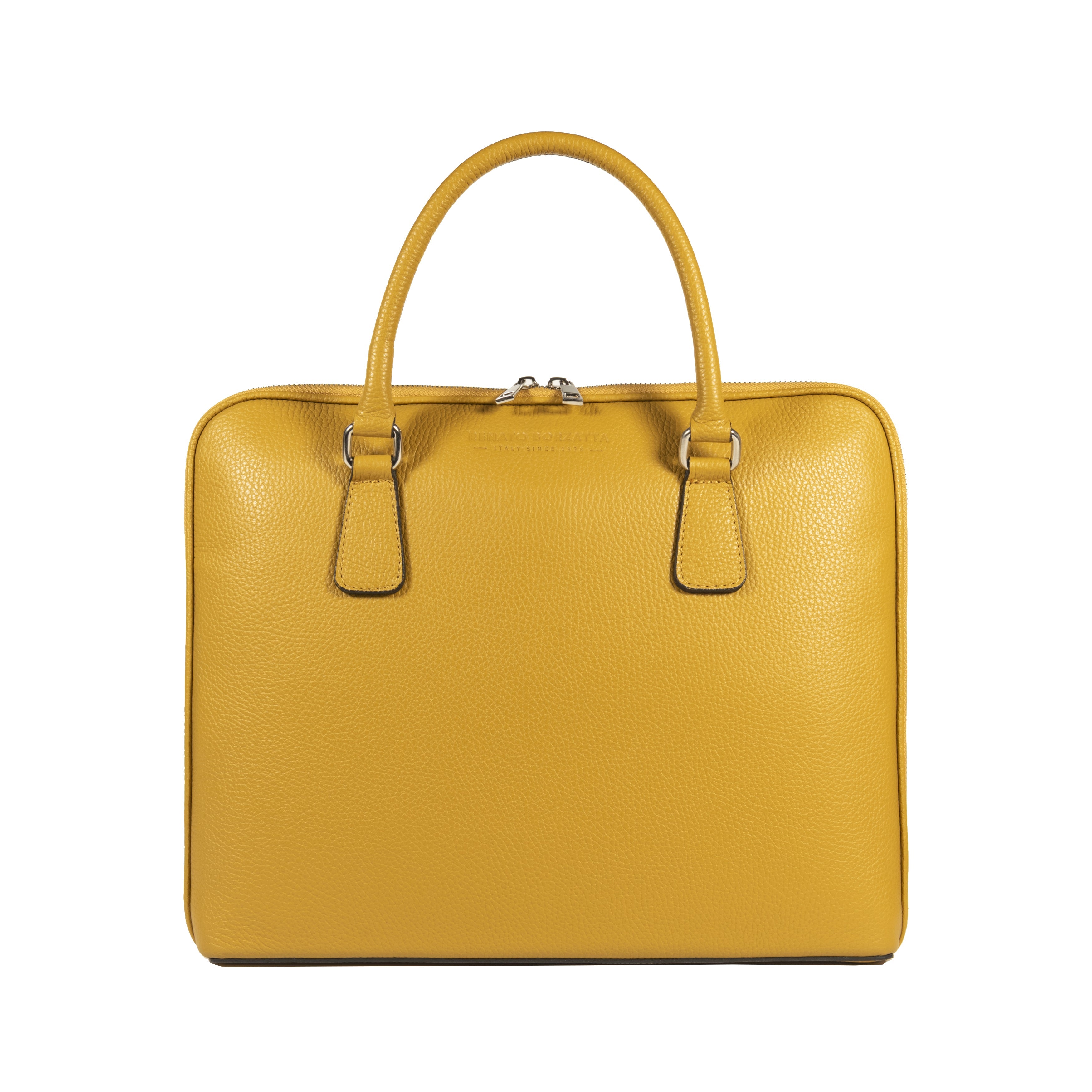 RB1019AR | Made in Italy Genuine Leather Unisex Business Briefcase with removable shoulder strap. Shiny Nickel metal snap hook attachments - Mustard color - Dimensions: cm 37 x 29 x 6.5
