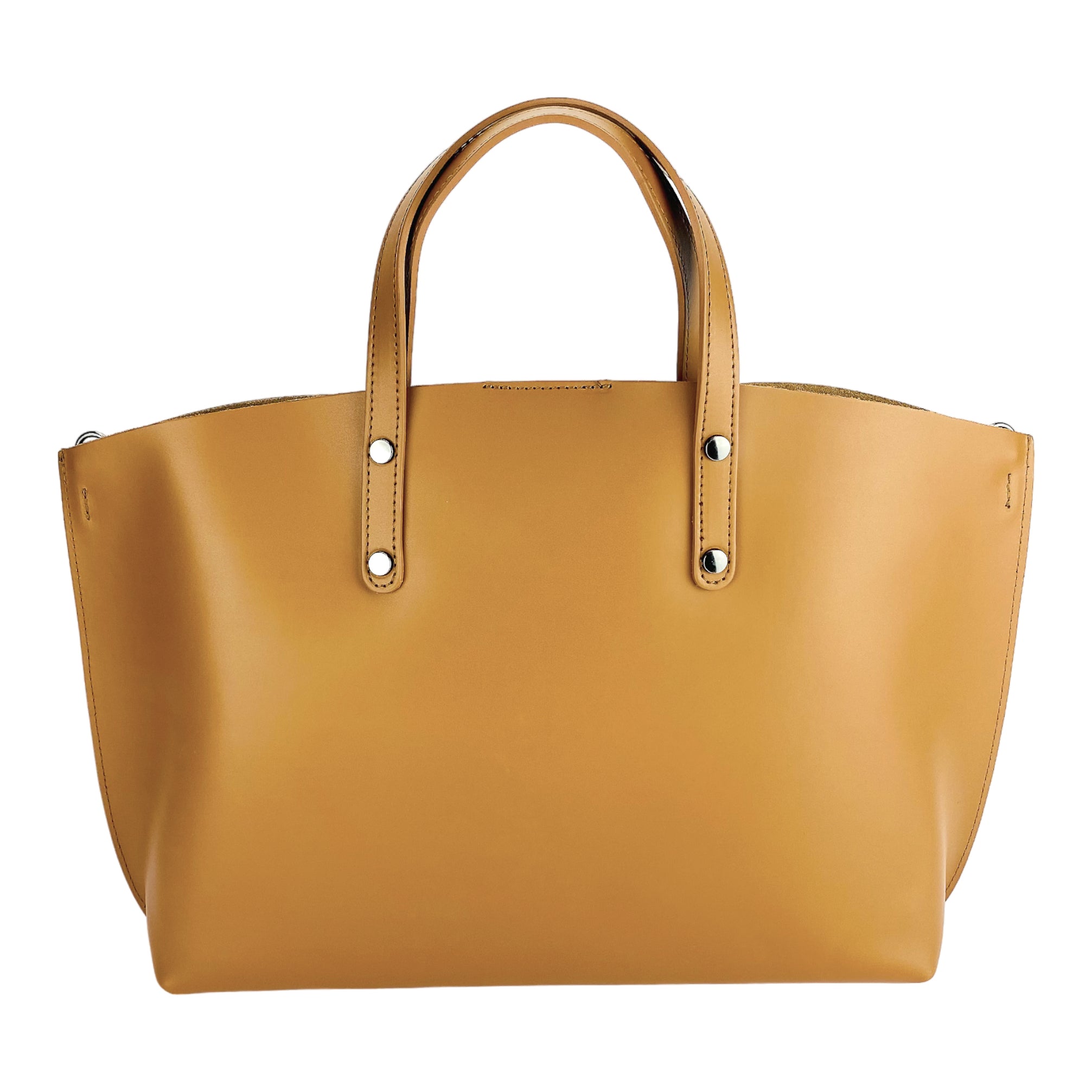 RB1024S  | Borsa Donna a Mano in Vera Pelle Made in Italy con tracolla removibile. Sacca grande interna estraibile. Accessori Canna di Fucile Lucido - Colore Cognac - Dimensioni: cm 48x31x11