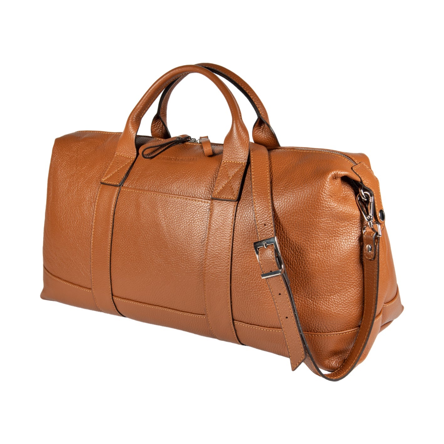 RB1029S | Made in Italy Genuine Leather Travel Duffle Bag with Adjustable and Removable Shoulder Strap. Zipper Closure and Shiny Nickel Metal Accessories - Cognac Color - Dimensions: cm 57 x 26 x 24