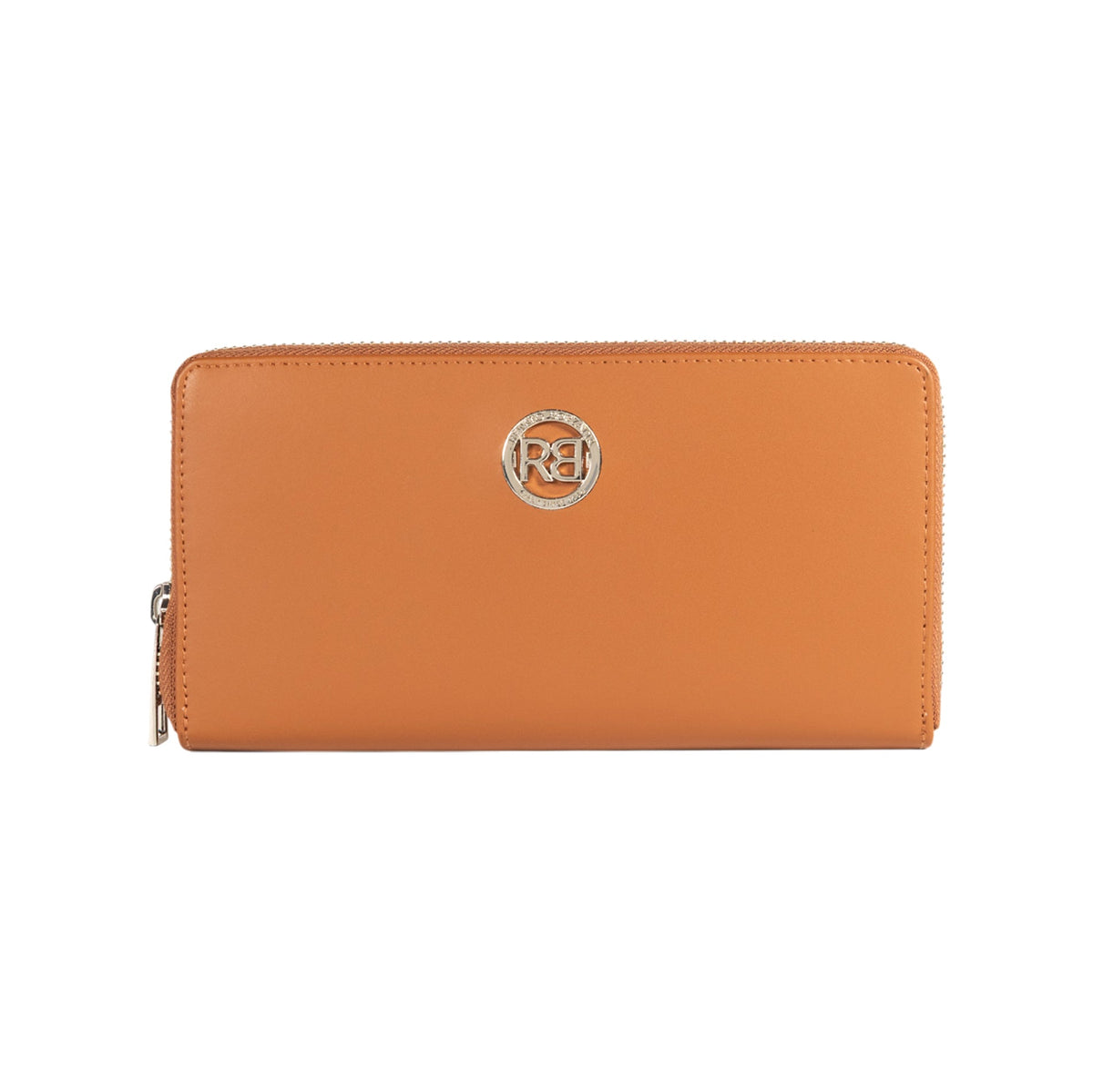 RB1084SS | Women's zippered wallet made in Italy in smooth, matte genuine leather. Cognac color. Dimensions: 20 x 10 x 2.5 cm