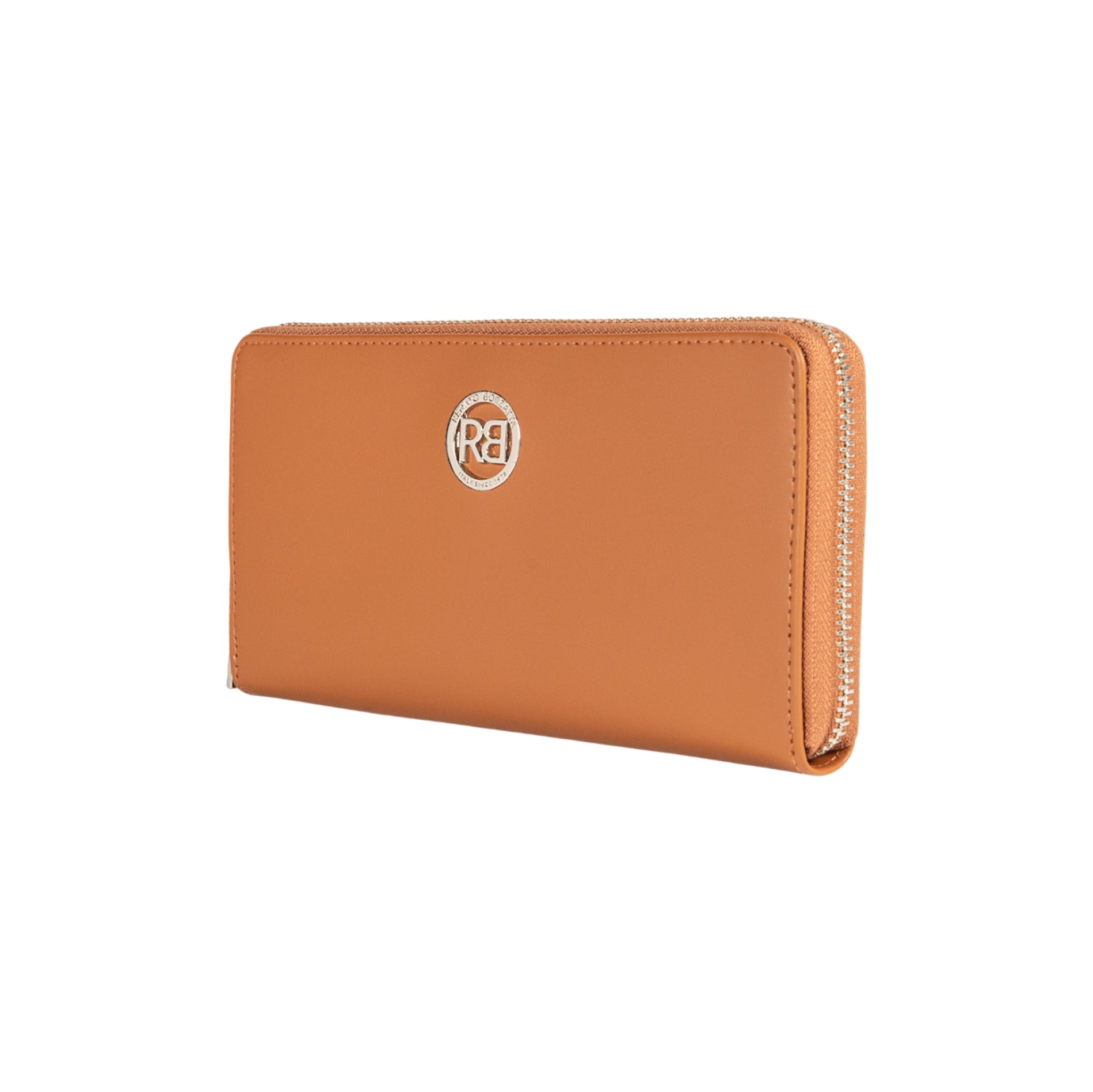 RB1084SS | Women's zippered wallet made in Italy in smooth, matte genuine leather. Cognac color. Dimensions: 20 x 10 x 2.5 cm