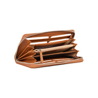 RB1084SS | Women's zippered wallet made in Italy in smooth, matte genuine leather. Cognac color. Dimensions: 20 x 10 x 2.5 cm