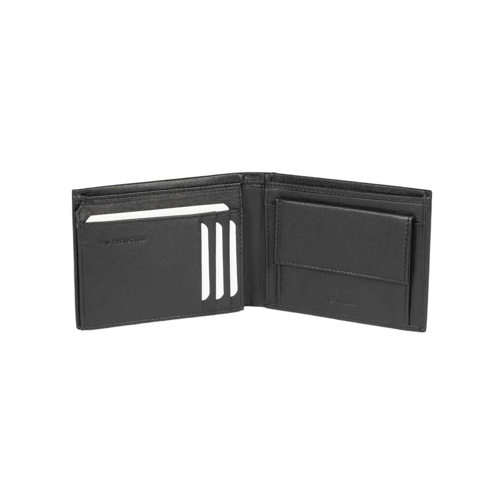 RB12004A | Men's folded wallet in genuine full-grain leather, with light grain. Black color. RFID protection. Size when closed: 12.5 x 9.5 x 2 cm. Packaging: gift box bottom/cover
