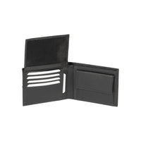 RB12004A | Men's folded wallet in genuine full-grain leather, with light grain. Black color. RFID protection. Size when closed: 12.5 x 9.5 x 2 cm. Packaging: gift box bottom/cover