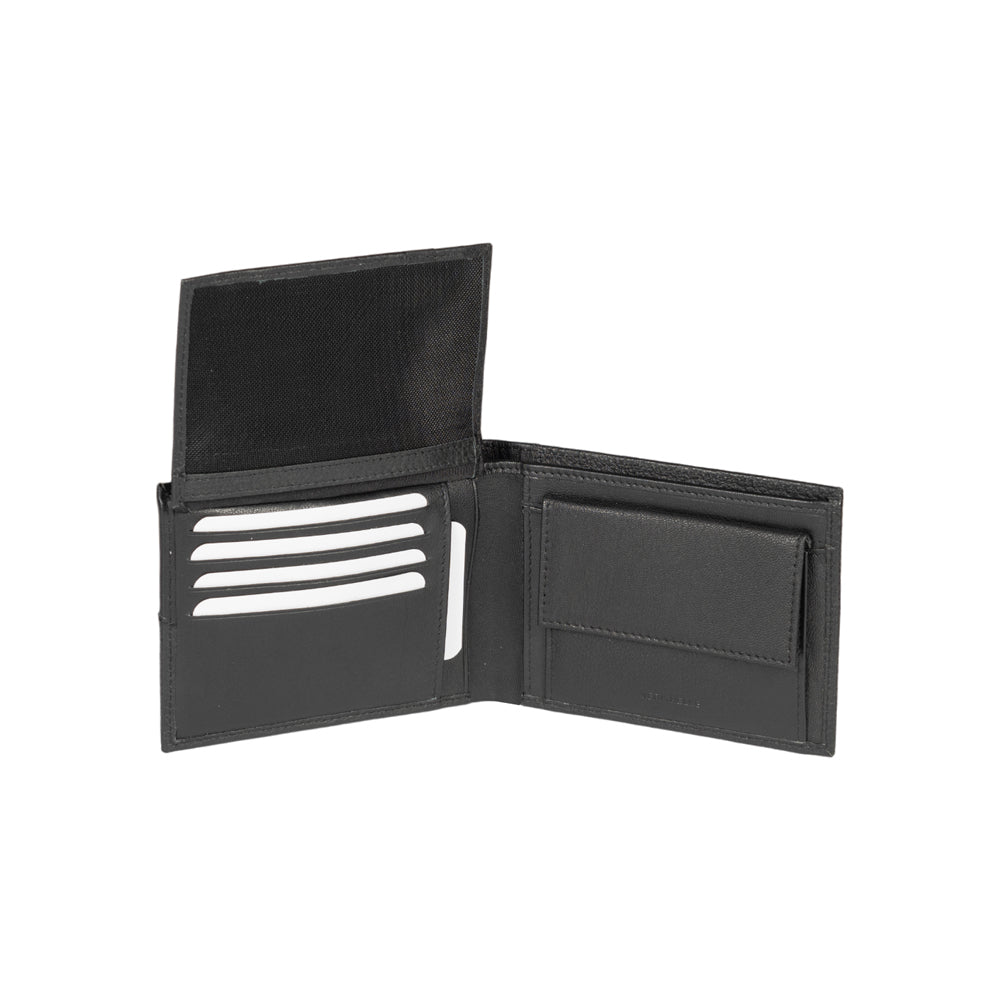 RB12004A | Men's folded wallet in genuine full-grain leather, with light grain. Black color. RFID protection. Size when closed: 12.5 x 9.5 x 2 cm. Packaging: gift box bottom/cover
