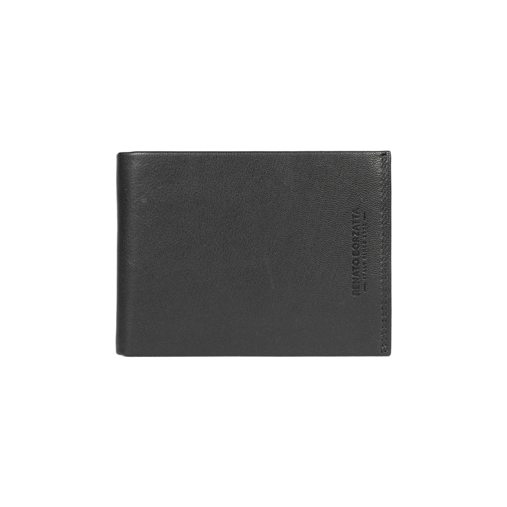 RB12004A | Men's folded wallet in genuine full-grain leather, with light grain. Black color. RFID protection. Size when closed: 12.5 x 9.5 x 2 cm. Packaging: gift box bottom/cover