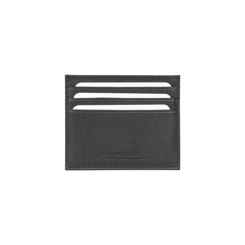 RB12016A | Credit Card Holder in genuine full-grain leather, with light grain. Black color. RFID protection. Size: 10 x 8 x 0.5 cm. Packaging: gift box bottom/cover