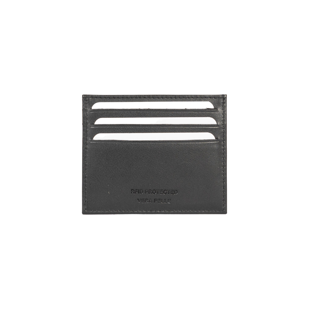 RB12016A | Credit Card Holder in genuine full-grain leather, with light grain. Black color. RFID protection. Size: 10 x 8 x 0.5 cm. Packaging: gift box bottom/cover