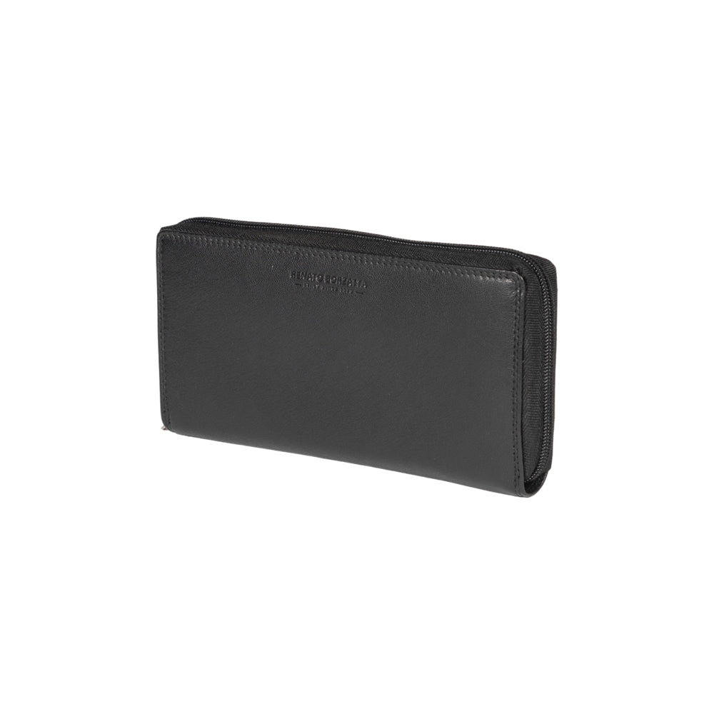 RB12080A | Women's wallet in genuine full-grain leather, with light grain. Black color. RFID protection. Size: 20 x 10 x 2.5 cm. Packaging: gift box bottom/cover