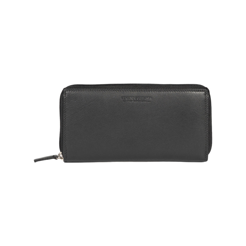 RB12080A | Women's wallet in genuine full-grain leather, with light grain. Black color. RFID protection. Size: 20 x 10 x 2.5 cm. Packaging: gift box bottom/cover