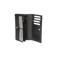 RB12129A | Women's wallet in genuine full grain leather, dollar/light grain. Black color. RFID protection. Size when closed: 18.5 x 10 x 3 cm. Packaging: gift box bottom/cover