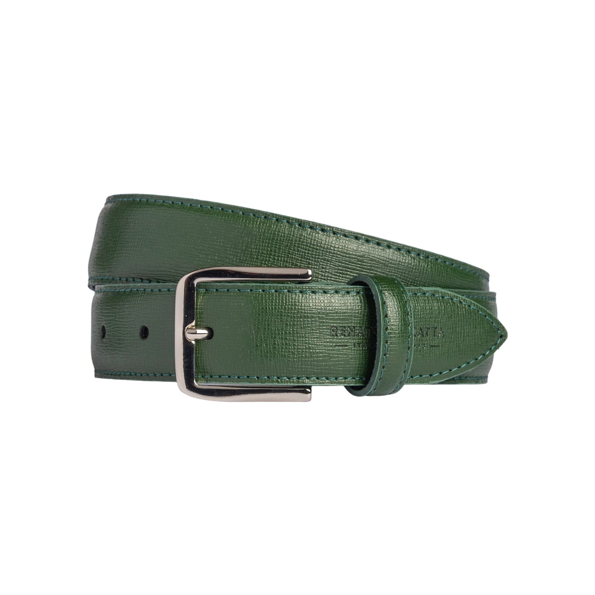 RB4017E | Cintura Donna Made in Italy in Vera Pelle Saffiano. Fibbia in finitura Argento Lucido. Colore Verde. Dimensioni: cm 115 x 3,0 x 0,5 (giro vita cm 100)