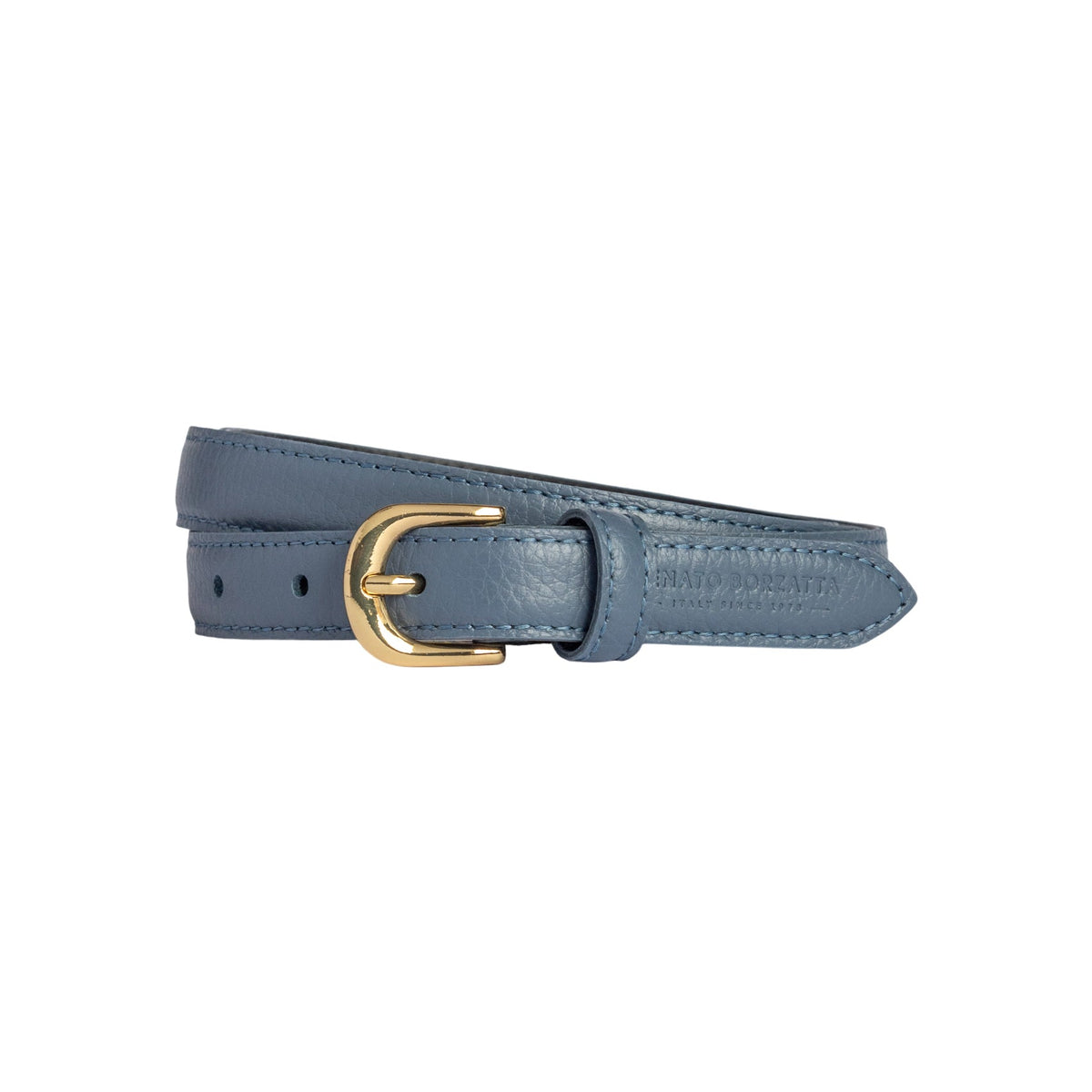RB4021P | Women's Belt Made in Italy in Genuine Dollar Grain Leather. Polished Gold-Finish Buckle. Color: Air Force Blue. Dimensions: 115 x 2.0 x 0.5 cm (waistline 100 cm)