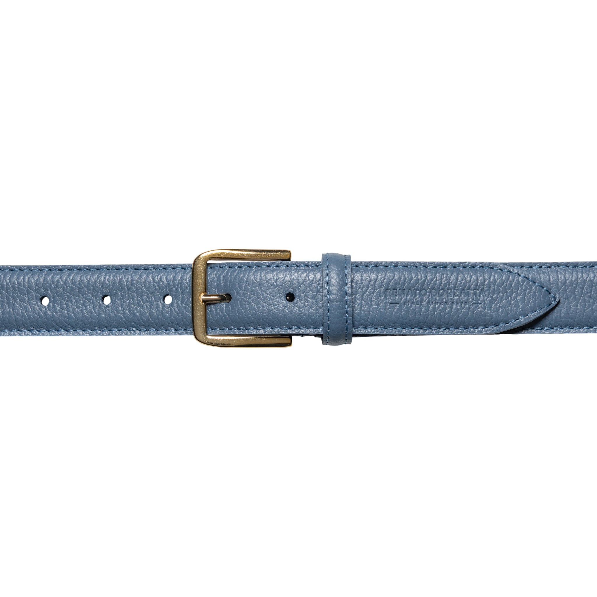 RB4023P | Women's Belt Made in Italy in Genuine Dollar Grain Leather. Polished Gold Buckle. Color: Air Force Blue. Dimensions: 115 x 3.0 x 0.5 cm (waistline 100 cm)
