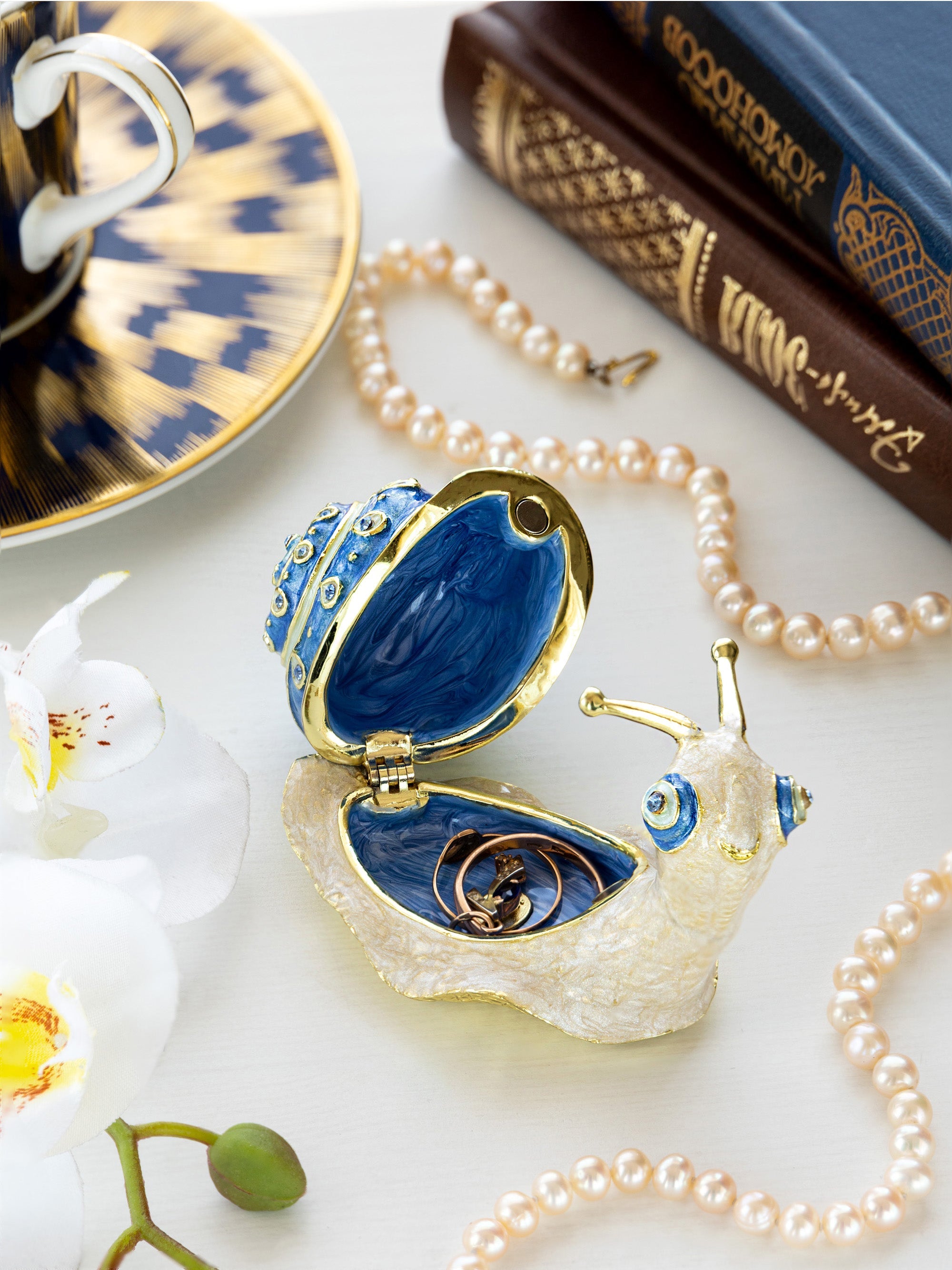 Gold & Blue Jeweled Snail Trinket Box-4