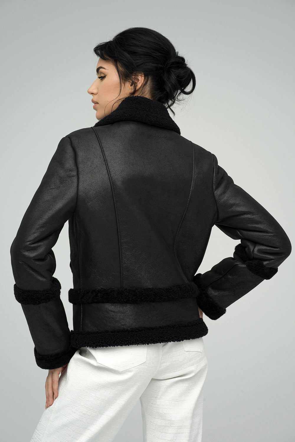 Black merino shearling leather jacket by AA Vesa — view 3