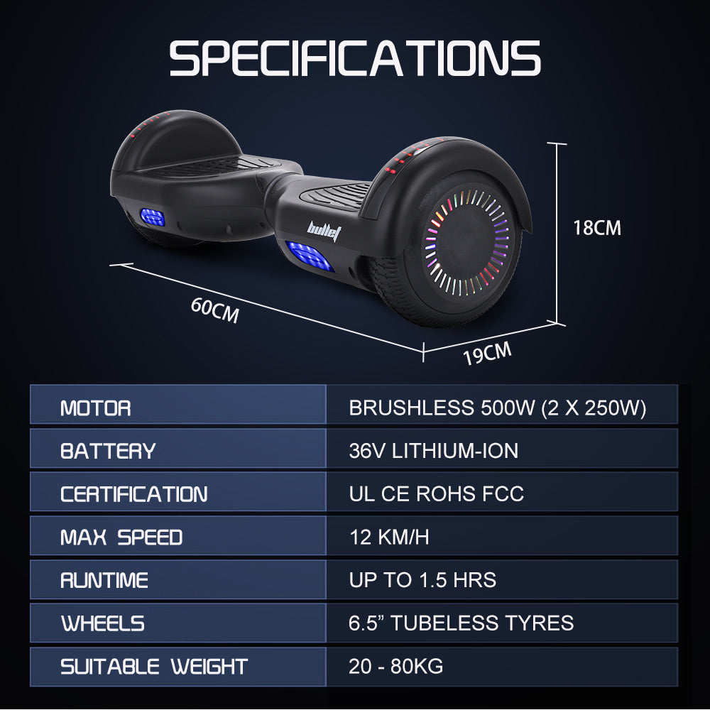 NNEDSZ Bullet SX-2000 Hoverboard Scooter, 500W Brushless, Superior Self Balancing System, UL Certified, LED Lights, Black-1